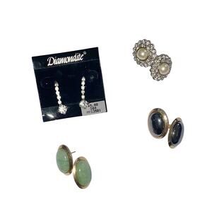 4 Pairs Vintage Stud Earrings (dimondite drop, pearl, black & gold, Jade)